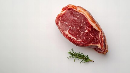 Fototapeta premium A single raw ribeye steak on a white background. Rosemary sprig adds a touch of culinary elegance.