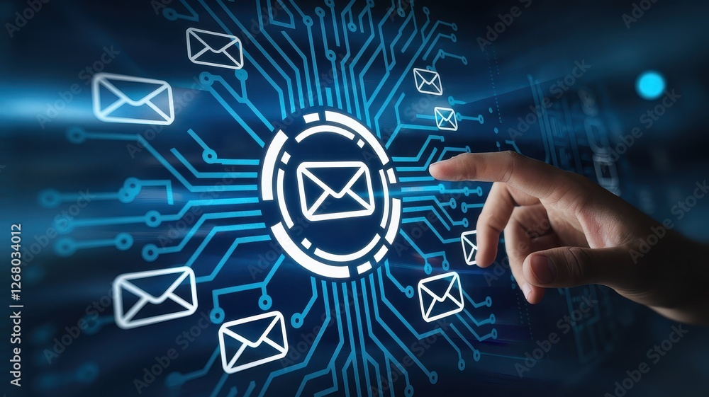 Poster hand interacts with futuristic email interface on a digital display
