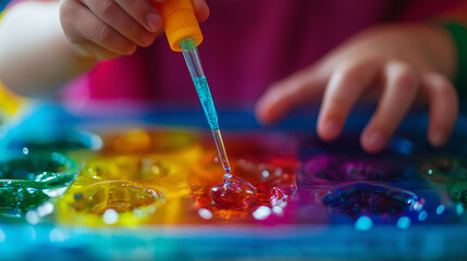 Obraz premium Child using a pipette to mix colorful liquids in a plastic tray, small hands in focus, soft bokeh background, sensory STEM activity, macro photography