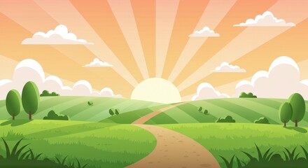 Obraz premium A flat illustration of a countryside sunrise and the sun rises over the horizon casting golden rays across the rolling green fields