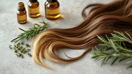 A long, brown hair with blonde highlights is laying on the table, next to two small glass bottles of cannabis oil and some rosemary leaves