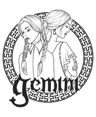 Gemini Zodiac Symbol Depicting Twin Personas in Intricate Artistic Style For T-Shirt Designs