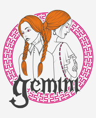 Illustration of Gemini Zodiac Symbol Featuring Two Female Characters For T-Shirt Designs