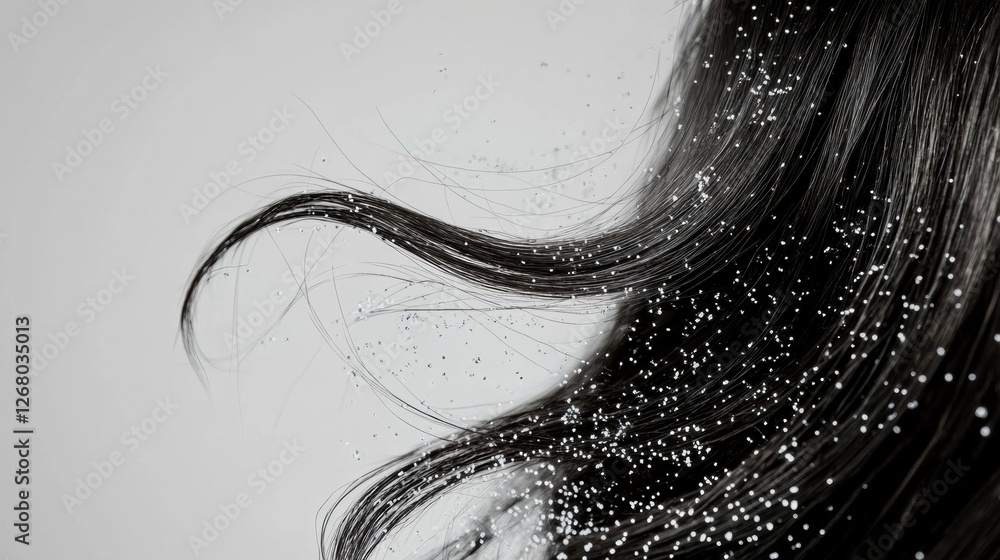 Poster close up of dandruff flakes on dark hair strands with empty space for text on neutral background. ge