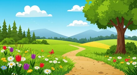 Fototapeta premium A cheerful flat illustration of a sunny spring meadow with a winding dirt path leading into the distance