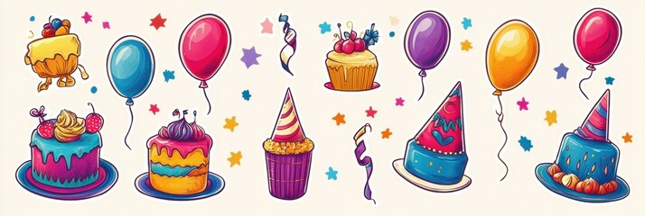Festive celebration elements with balloons, cakes, confetti, and party hats for joyous occasions. Generative AI