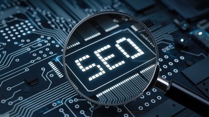 Fototapeta premium Magnifying glass focusing on the letters SEO on a circuit board