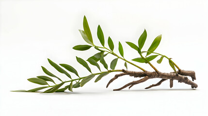 Architectural photography of Eurycoma Longifolia (Tongkat Ali) on a clean white background, showcasing the unique structure and natural beauty of the plant's roots and leaves