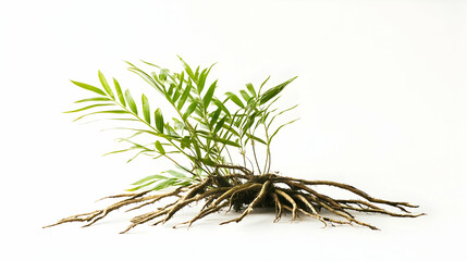 Architectural photography of Eurycoma Longifolia (Tongkat Ali) on a clean white background, showcasing the unique structure and natural beauty of the plant's roots and leaves