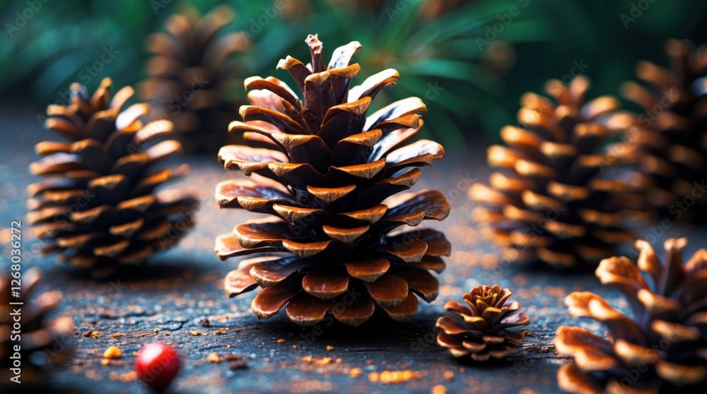 Poster detailing various brown pinecones on a rustic surface with a soft focus background of pine leaves an
