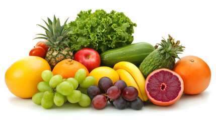 Assortment of fruits and vegetables arranged on a clean white background