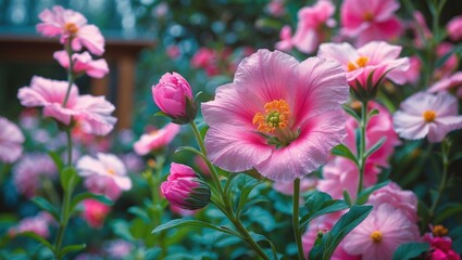 Fototapeta premium Vibrant pink flowers blooming in a lush garden setting creating a serene and beautiful natural environment.