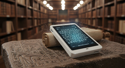 Ancient tablet with modern smartphone displaying digital script library on transparent background