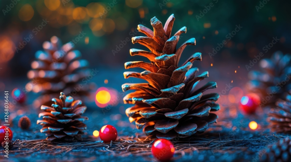 Poster festive pinecones adorned with bright red ornaments and a soft glowing background creating a warm an