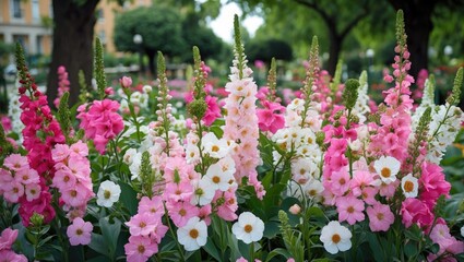 Vibrant display of pink and white flowers blooming in a lush garden park creating a picturesque floral landscape.