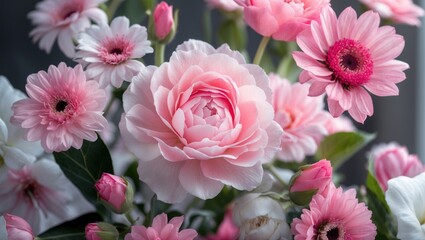 Fototapeta premium Pink floral arrangement featuring delicate roses and daisies in soft hues, ideal for backgrounds, celebrations, and nature-themed projects.