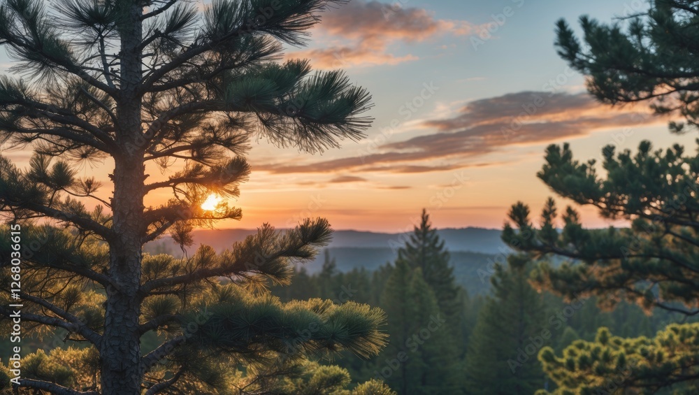 Poster sunset over pine trees with vibrant sky colors and space for text or branding use