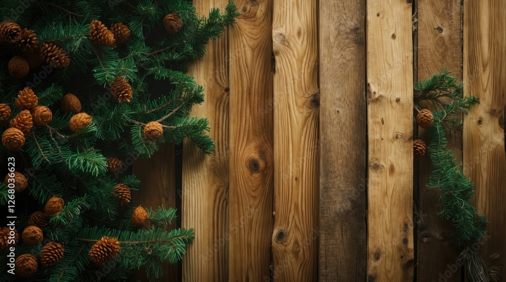 Poster pine boards with rustic grain patterns complemented by evergreen branches and pine cones creating a 