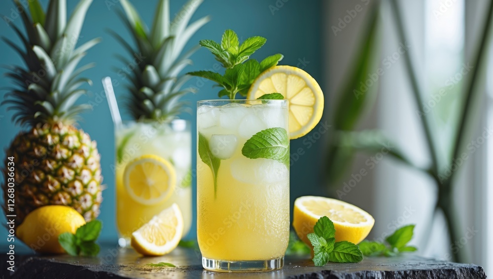 Poster refreshing pineapple lemonade garnished with mint and lemon slices on a rustic table with tropical p