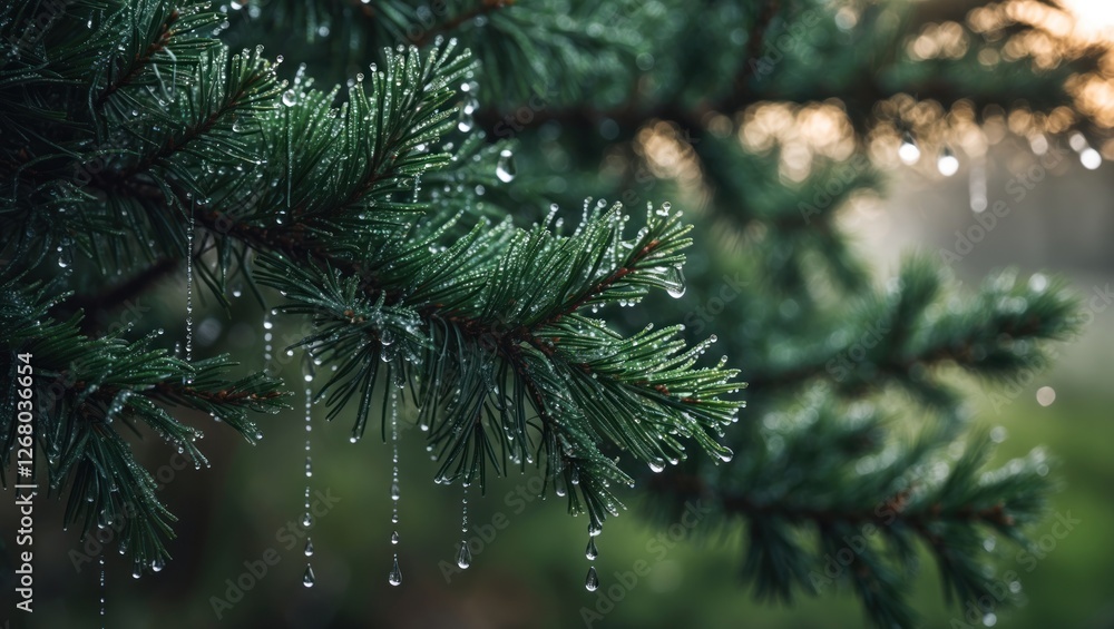 Poster pine tree branches adorned with dew drops capturing the essence of a serene morning environment in n