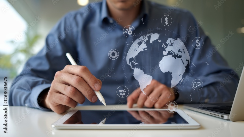 Poster man using digital pen and tablet with global icons