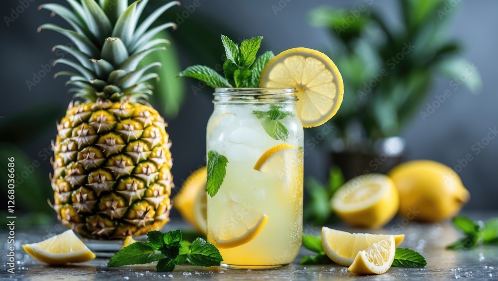 Aufkleber refreshing pineapple lemonade in jar with fresh mint and lemon slices next to pineapple on gray back