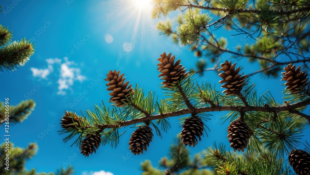 Poster pine tree branch with cones illuminated by sunny blue sky creating a serene natural backdrop in a vi