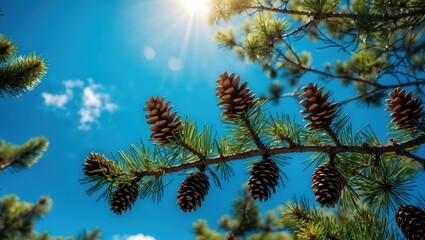 Pine tree branch with cones illuminated by sunny blue sky creating a serene natural backdrop in a vibrant forest setting.
