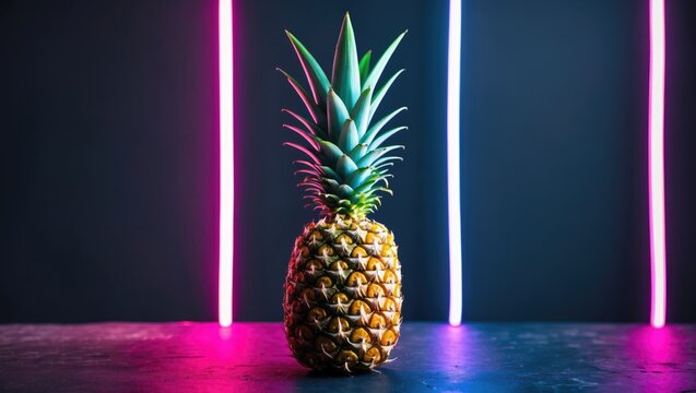 Vibrant Pineapple Surrounded By Neon Lights On Dark Background With Space For Text Featuring Freshness And Modern Aesthetics