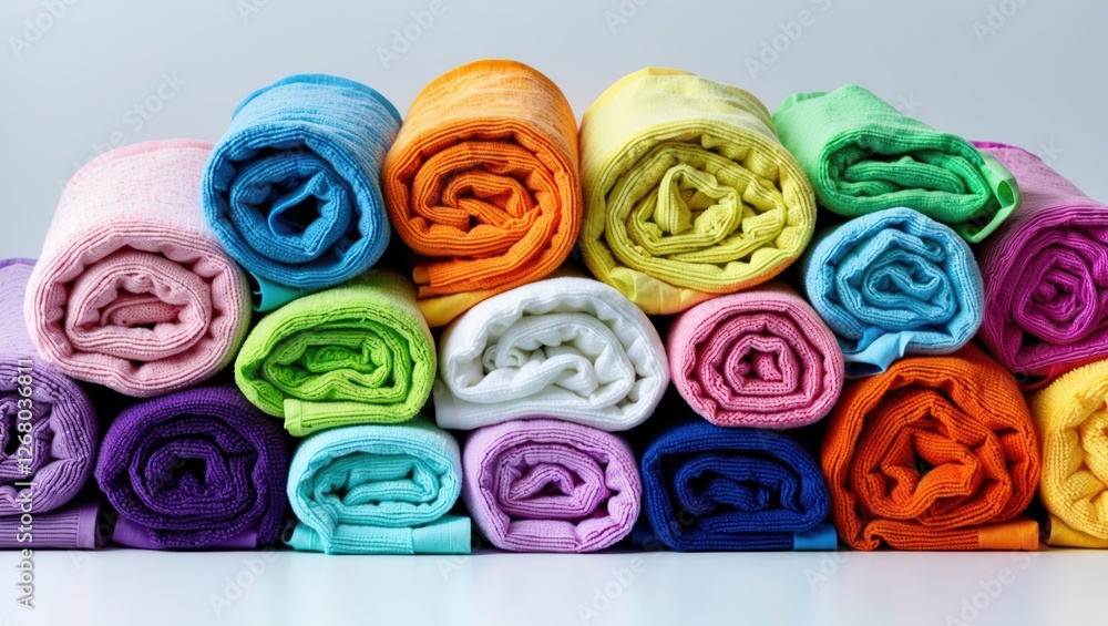Poster stack of vibrant rolled towels in a variety of colors arranged neatly on a light surface showcasing 