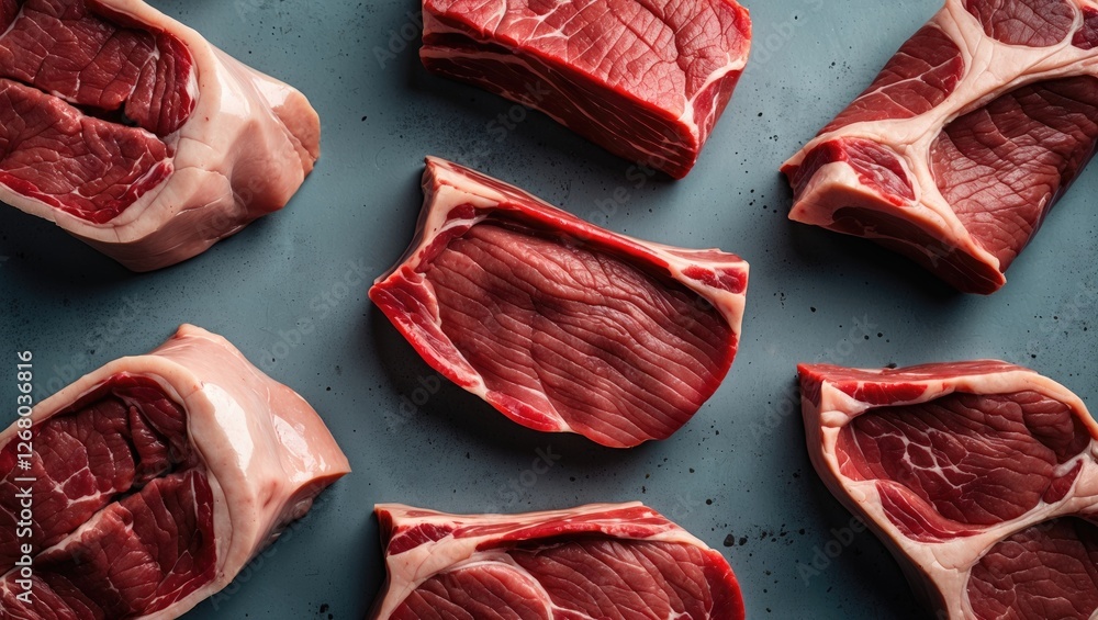 Poster raw beef cuts displayed on grey background with ample space for text or branding in culinary and foo