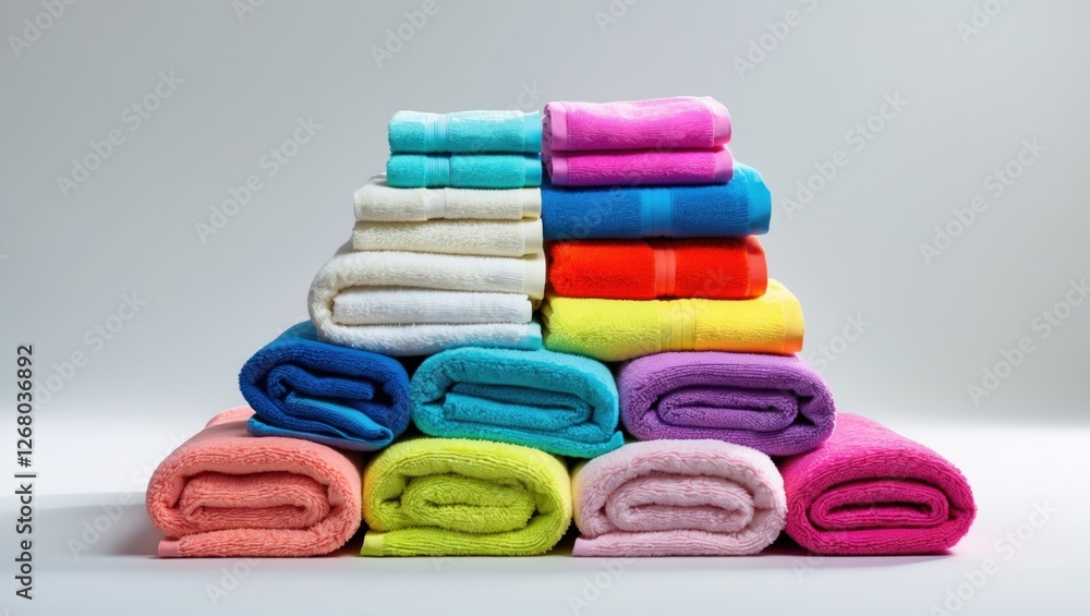 Poster vibrant stack of neatly folded clean towels in various colors arranged on a light background showcas