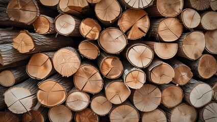 Fototapeta premium Close-up of neatly stacked firewood logs displaying clean cuts and natural wood textures, ideal for rustic decor or outdoor fire imagery.