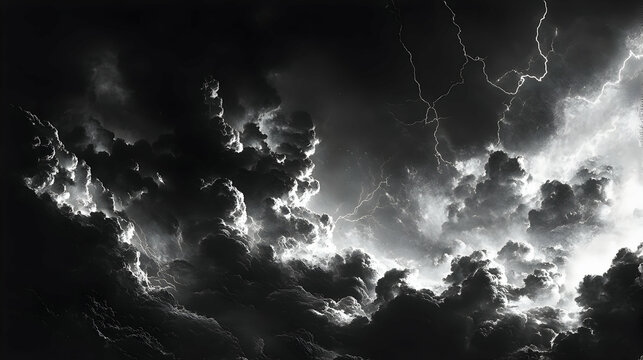 Black and white photo of a lightning storm with dark clouds and flashes of lightning