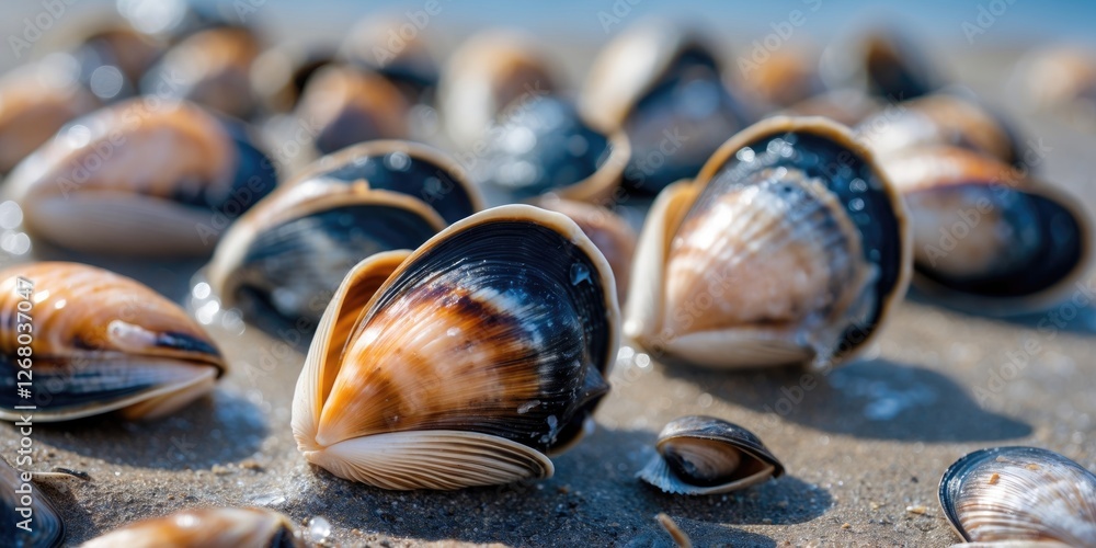 Poster mussel shells scattered on sandy beach with a soft focus background and ample space for text overlay