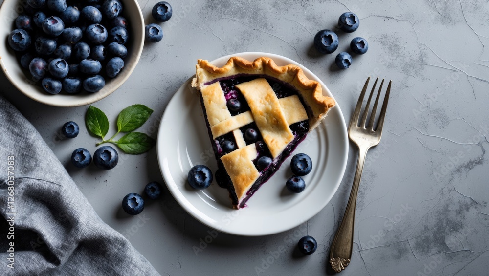 Aufkleber homemade blueberry pie slice on plate with fresh blueberries and fork on grey textured table with co