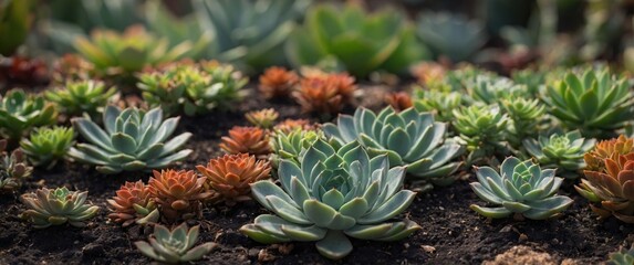 Fototapeta premium Vibrant Succulent Plants in Garden Bed with Natural Soil and Space for Text Overlay