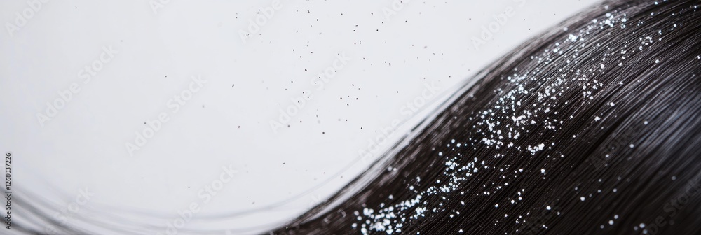 Poster close up view of dandruff flakes on dark hair strands with clear text space available for captions o
