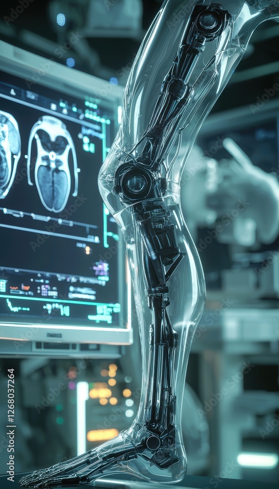Poster futuristic robotic system simulating precise endoprosthesis knee surgery in high-tech operation room