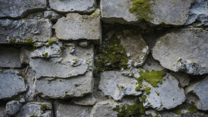 Weathered stone wall texture with moss highlighting age and natural elements in a rustic setting. Perfect for background or nature themes.