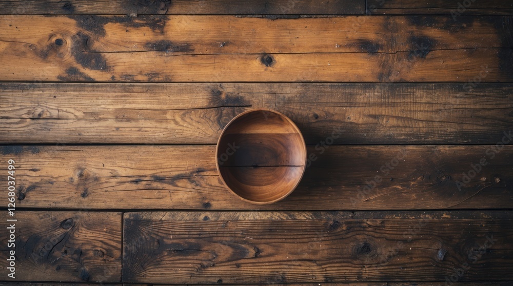 Aufkleber rustic wooden floor background with an empty round wooden bowl centered on the surface creating a wa
