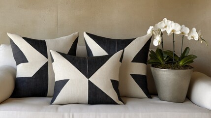 Geometric patterned pillows rest on a beige couch with orchids