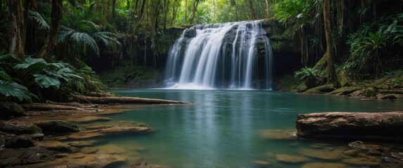 Obraz premium Tropical Forest Waterfall with Lush Greenery and Calm Pool Under Gentle Misty Atmosphere Ideal for Travel and Nature Themes