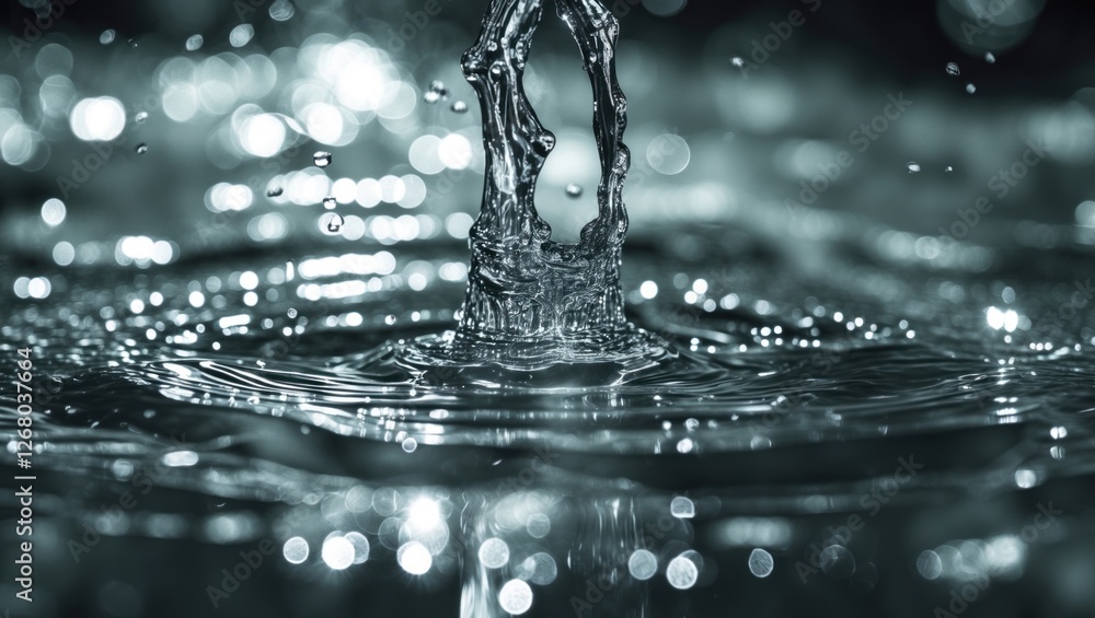 Poster monochrome water splash creating dynamic patterns with light reflections and blurred background emph