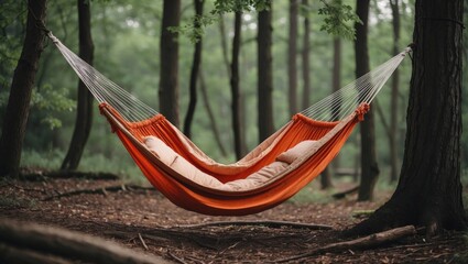 Serene Empty Hammock Comfy Nestled Among Lush Green Trees in Tranquil Forest Setting Ideal for Relaxation and Nature Escapes