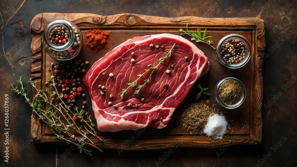 Poster raw beef fillet with fresh thyme and assorted spices on aged wooden board ideal for grilling with bl