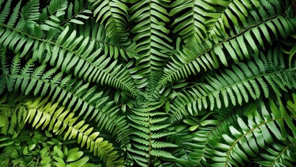 Lush green fern fronds creating a vibrant natural background ideal for botanical themes or nature-inspired designs