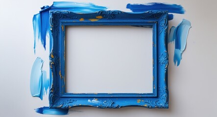 Elegant blue ornate frame with artistic brush strokes in oil paint on a white background ideal for creative designs and photography displays.