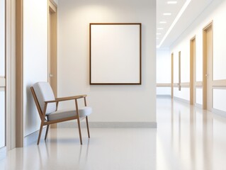 waiting area in a hospital hallway with chair and blank frame.