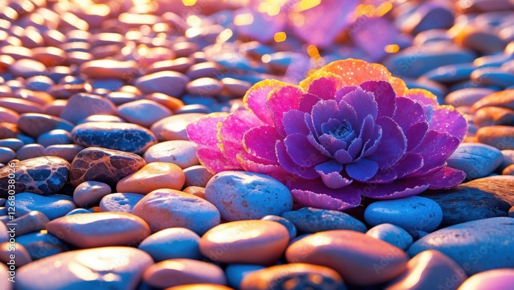 Poster colorful flower on pebbled surface with soft lighting creating a serene and tranquil atmosphere for 